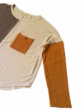 BIBI Colorblock Knit Long Sleeve Top Cream, Mustard,Taupe. Thanksgiving